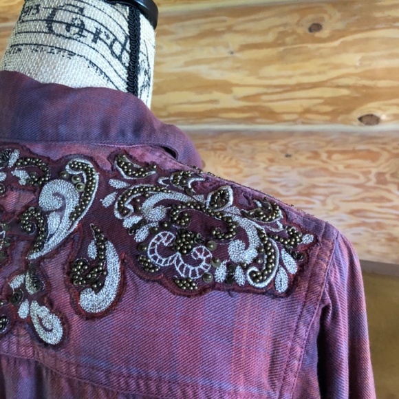 Free People Stevie's Embellished Plaid Shirt Tunic in red/burgundy size M - Picture 9 of 12